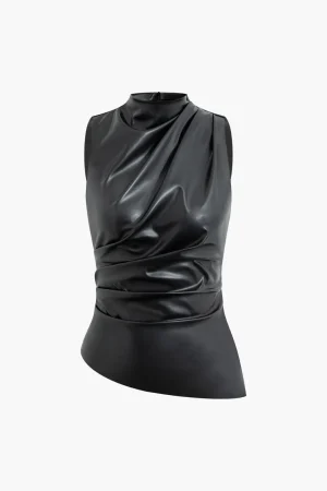 Asymmetrical Hem Faux Leather Mock Neck Ruched Sleeveless Top>MICAS Clearance