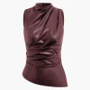 Asymmetrical Hem Faux Leather Mock Neck Ruched Sleeveless Top>MICAS Clearance