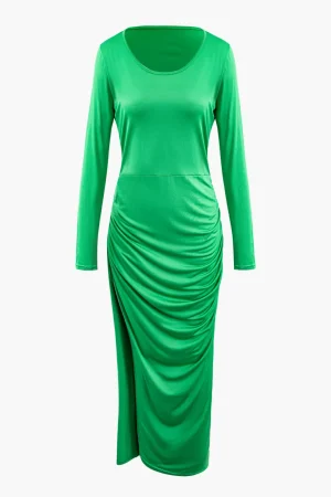 Asymmetrical Hem Round Neck Ruched Long Sleeve Maxi Dress>MICAS New