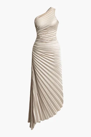 Asymmetrical One Shoulder Pleated Midi Dress>MICAS Hot