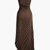 Asymmetrical One Shoulder Pleated Midi Dress>MICAS Hot