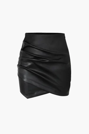 Asymmetrical Ruched Faux Leather Mini Skirt>MICAS Online