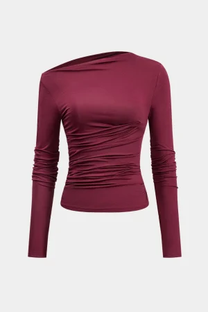Asymmetrical Ruched Long-Sleeve Top>MICAS Fashion