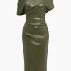 Asymmetrical Shoulder Faux Leather Bodycon Dress>MICAS Hot