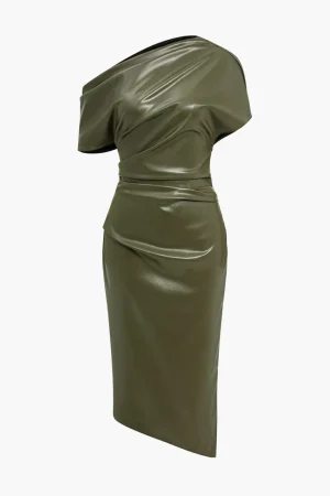 Asymmetrical Shoulder Faux Leather Bodycon Dress>MICAS Hot