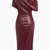 Asymmetrical Shoulder Faux Leather Bodycon Dress>MICAS Hot