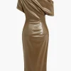 Asymmetrical Shoulder Faux Leather Bodycon Dress>MICAS Hot