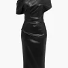 Asymmetrical Shoulder Faux Leather Bodycon Dress>MICAS Hot