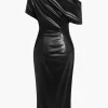 Asymmetrical Shoulder Faux Leather Bodycon Dress>MICAS Hot