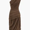Asymmetrical Sleeveless Ruched Midi Dress>MICAS Online