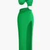 Asymmetrical Twist Ruched Slit One Shoulder Maxi Dress>MICAS Best