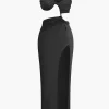 Asymmetrical Twist Ruched Slit One Shoulder Maxi Dress>MICAS Best