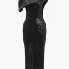 Asymmetry Faux Leather Zipper Midi Dress>MICAS Online