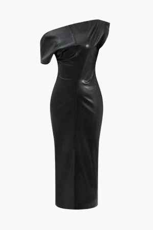 Asymmetry Faux Leather Zipper Midi Dress>MICAS Online