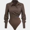 Asymmetry Patchwork Ruched Cut Out Long Sleeve Bodysuit>MICAS Clearance