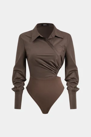 Asymmetry Patchwork Ruched Cut Out Long Sleeve Bodysuit>MICAS Clearance