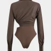 Asymmetry Patchwork Ruched Cut Out Long Sleeve Bodysuit>MICAS Clearance