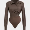 Asymmetry Patchwork Ruched Cut Out Long Sleeve Bodysuit>MICAS Clearance