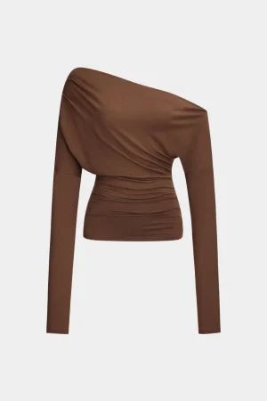 Asymmetry Shoulder Ruched Long-Sleeve Top>MICAS Online