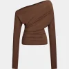 Asymmetry Shoulder Ruched Long-Sleeve Top>MICAS Online