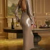 Backless Drawstring Sequin Midi Dress>MICAS Online