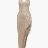 Backless Fringe Sequin Midi Dress>MICAS Outlet