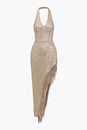 Backless Fringe Sequin Midi Dress>MICAS Outlet