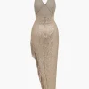 Backless Fringe Sequin Midi Dress>MICAS Outlet