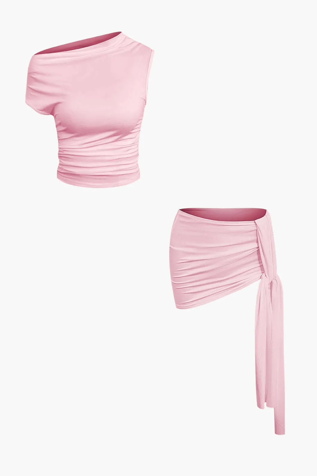 Basic Asymmetrical Ruched Crop Top And Tie Mini Skirt Set>MICAS Hot