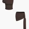 Basic Asymmetrical Ruched Crop Top And Tie Mini Skirt Set>MICAS Hot