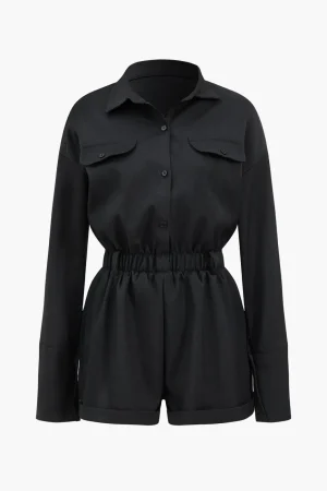 Basic Button-Front Pocket Long Sleeve Romper>MICAS Online