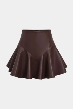 Basic Faux Leather Pleated Mini Skirt>MICAS New