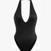 Basic Halter Neck Deep V Neck Sleeveless Bodysuit>MICAS Clearance