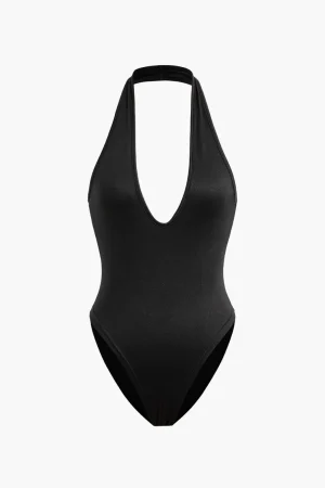 Basic Halter Neck Deep V Neck Sleeveless Bodysuit>MICAS Clearance
