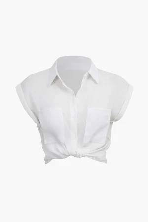 Basic Rolled Cuff Knotted Hem Shirt>MICAS Fashion