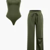 Basic Round Neck Sleeveless Bodysuit And Ripped Drawstring Straight Leg Pants Set>MICAS Sale