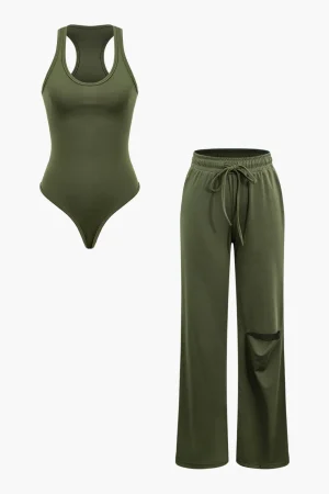 Basic Round Neck Sleeveless Bodysuit And Ripped Drawstring Straight Leg Pants Set>MICAS Sale