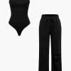 Basic Round Neck Sleeveless Bodysuit And Ripped Drawstring Straight Leg Pants Set>MICAS Sale
