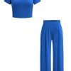 Basic Solid Crop T-shirt And Pleated High Waist Wide Leg Pants Set>MICAS Fashion