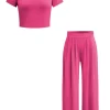 Basic Solid Crop T-shirt And Pleated High Waist Wide Leg Pants Set>MICAS Fashion