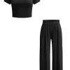 Basic Solid Crop T-shirt And Pleated High Waist Wide Leg Pants Set>MICAS Fashion