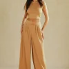 Basic Solid Crop T-shirt And Pleated High Waist Wide Leg Pants Set>MICAS Fashion