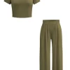 Basic Solid Crop T-shirt And Pleated High Waist Wide Leg Pants Set>MICAS Fashion