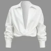 Basic Solid Design V-Neck Long-Sleeve Shirt>MICAS Discount