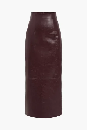 Basic Solid Faux Leather Midi Skirt>MICAS Outlet