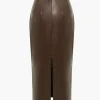Basic Solid Faux Leather Midi Skirt>MICAS Outlet