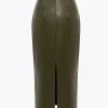 Basic Solid Faux Leather Midi Skirt>MICAS Outlet