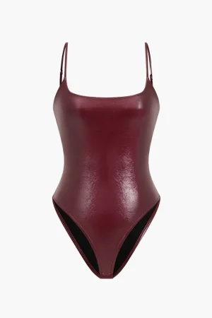 Basic Solid Faux Leather Bodysuit>MICAS Fashion