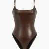 Basic Solid Faux Leather Bodysuit>MICAS Fashion