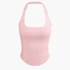 Basic Solid Halter Curved Hem Tank Top>MICAS Fashion